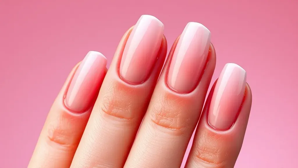 Primer plano detallado de uñas naturales largas y saludables con un acabado brillante, sobre un fondo estético suave.