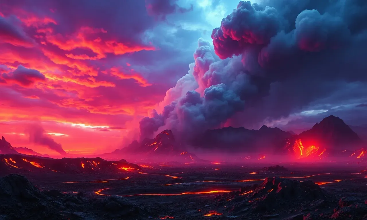 Paisaje apocalíptico de la Tierra prehistórica con volcanes activos, grietas en el suelo expulsando magma y un cielo teñido de naranja y violeta por gases tóxicos.