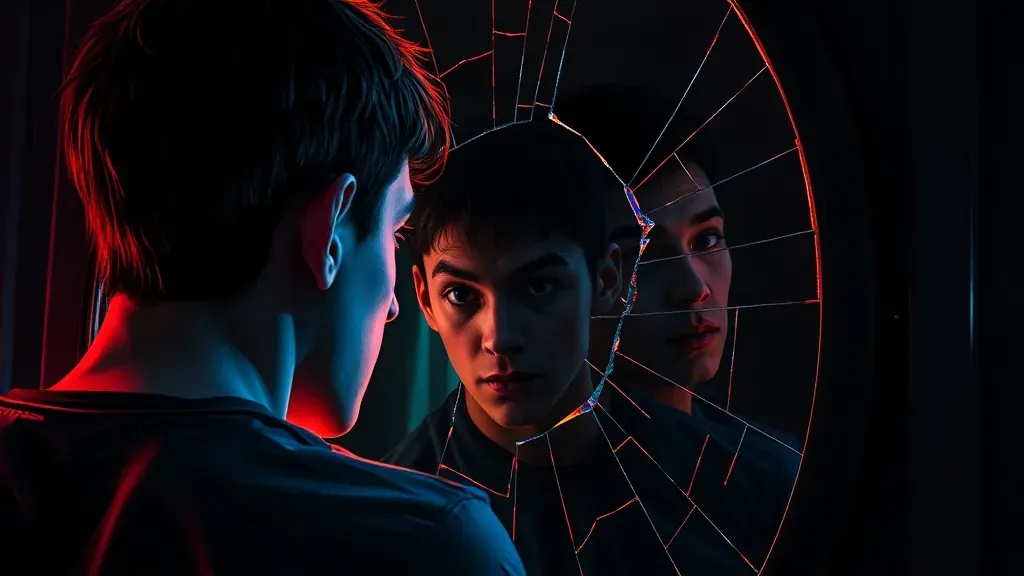 Un hombre joven mirando un espejo agrietado en una habitación oscura, representando la dualidad y el análisis psicológico en el cine.