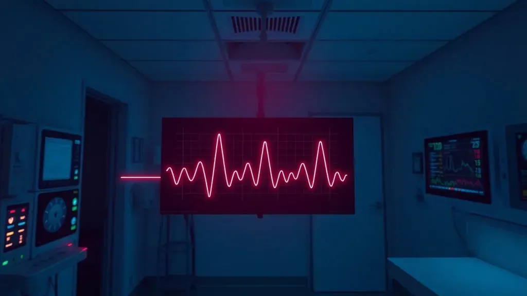Monitor de hospital con una línea plana de ritmo cardíaco que comienza a mostrar latidos nuevamente en una habitación oscura y dramática.