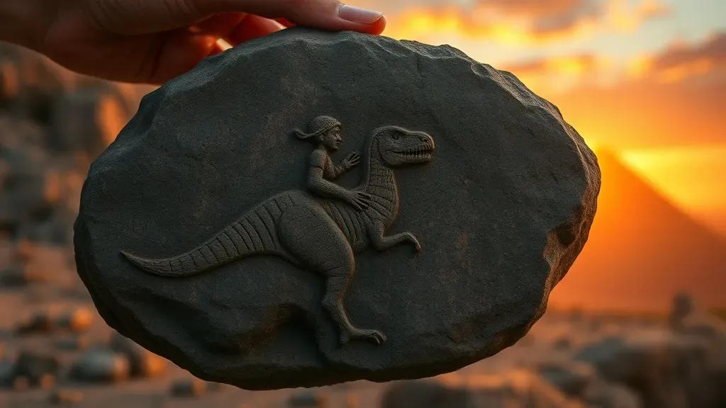 Primer plano de una piedra de Ica con grabados antiguos sostenida por una mano, con un desierto al atardecer de fondo, evocando misterio y arqueología.