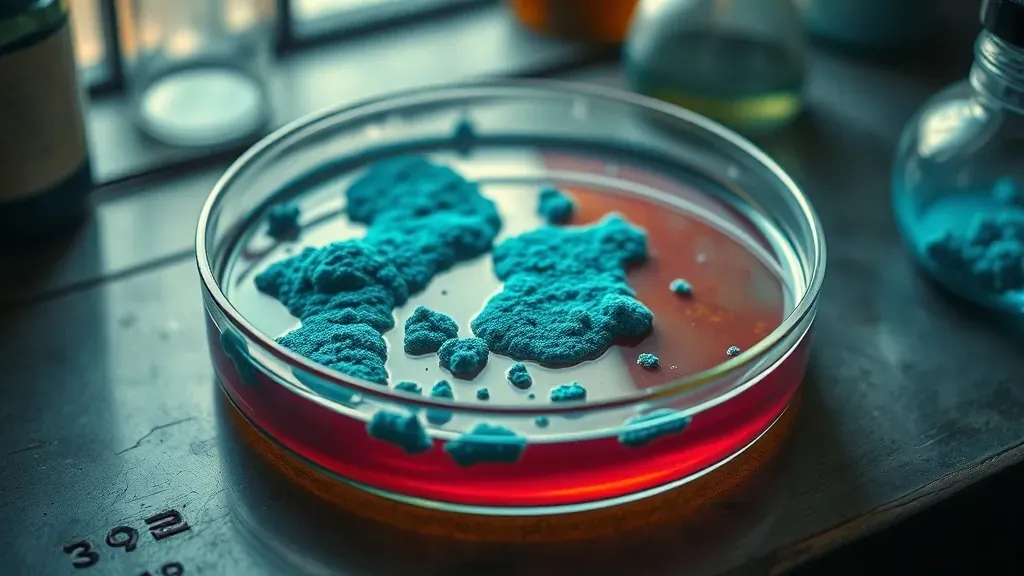 Placa de Petri antigua con moho penicillium, mostrando un halo de inhibición bacteriana en un laboratorio vintage.