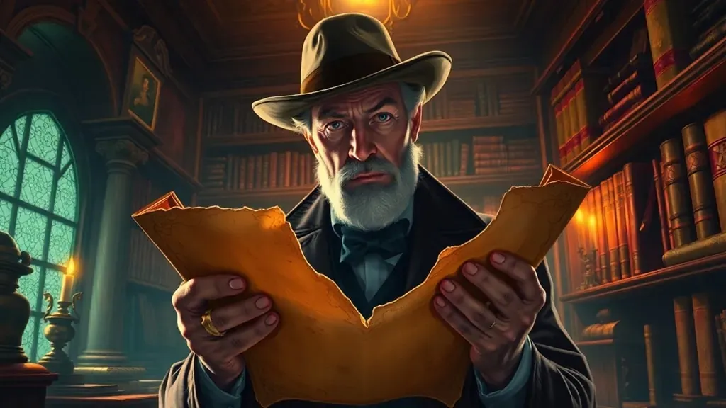 Retrato histórico de Moses Shapira sosteniendo pergaminos antiguos falsos en una biblioteca victoriana.