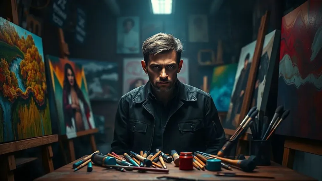 Un hombre misterioso en un estudio de arte rodeado de pinturas al estilo de los maestros modernos, con herramientas de pintura y una atmósfera intrigante.
