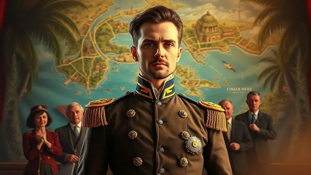 Retrato al estilo del siglo XIX de un hombre elegante con uniforme militar frente a un mapa antiguo de un país ficticio.