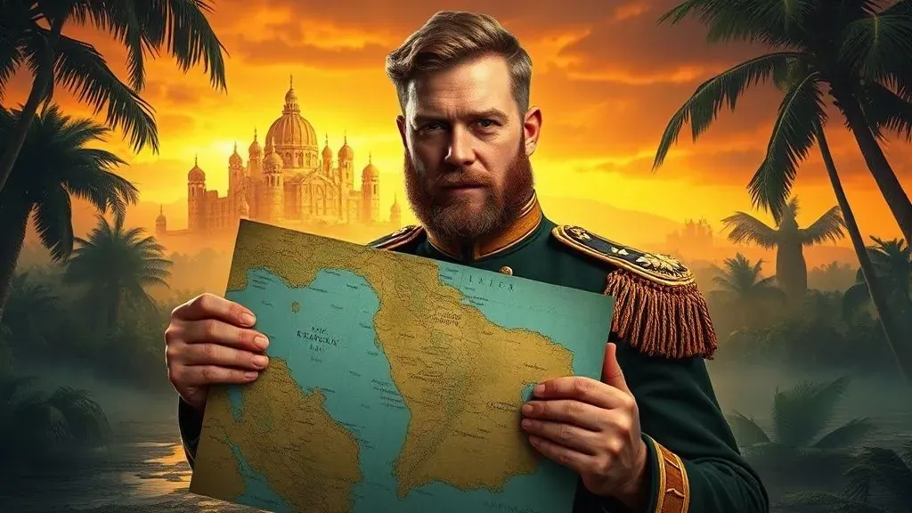 Retrato al estilo del siglo XIX de Gregor MacGregor sosteniendo un mapa de Poyais, con un fondo que mezcla una ciudad utópica y un pantano oscuro.