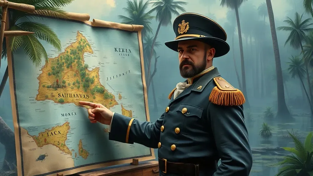 Retrato al estilo del siglo XIX de Gregor MacGregor señalando un mapa ficticio, con colonos victorianos confundidos en un entorno selvático.