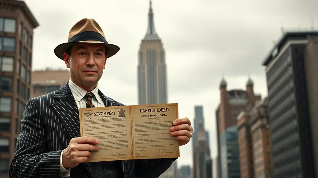 Un estafador de los años 20 con traje elegante frente al Empire State Building, sosteniendo documentos falsos en un estilo histórico.