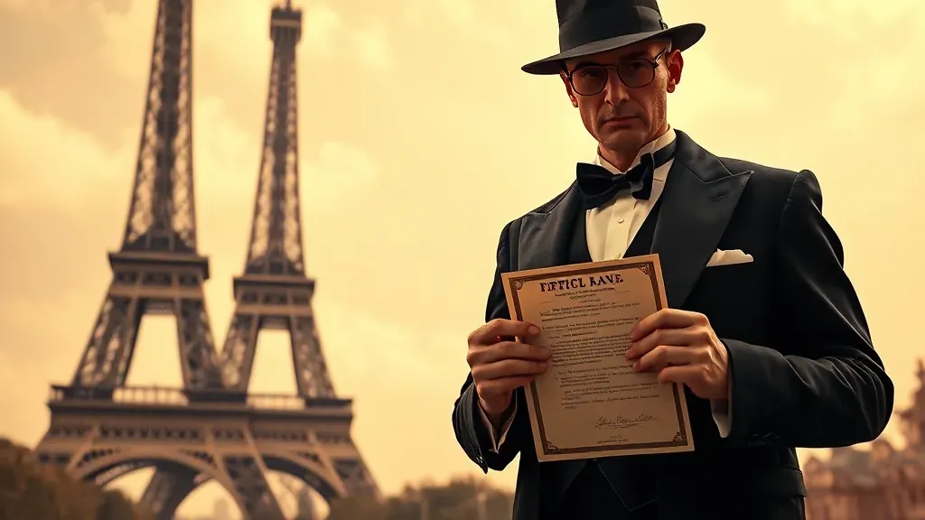 Un estafador de los años 20 elegantemente vestido frente a la Torre Eiffel, sosteniendo un documento falso con aire de superioridad.