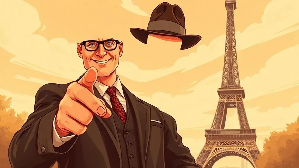 Ilustración vintage de un estafador elegante de los años 20 señalando la Torre Eiffel con una sonrisa pícara.