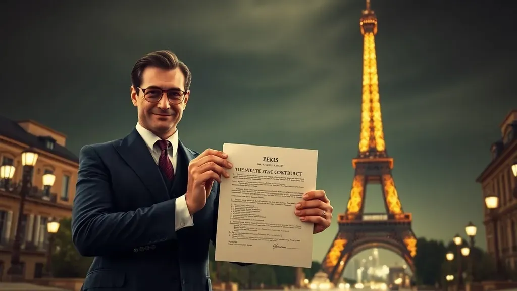 Fotografía estilo vintage de los años 20 que muestra a un hombre elegante y carismático frente a la Torre Eiffel sosteniendo un contrato falso, simbolizando la estafa histórica.
