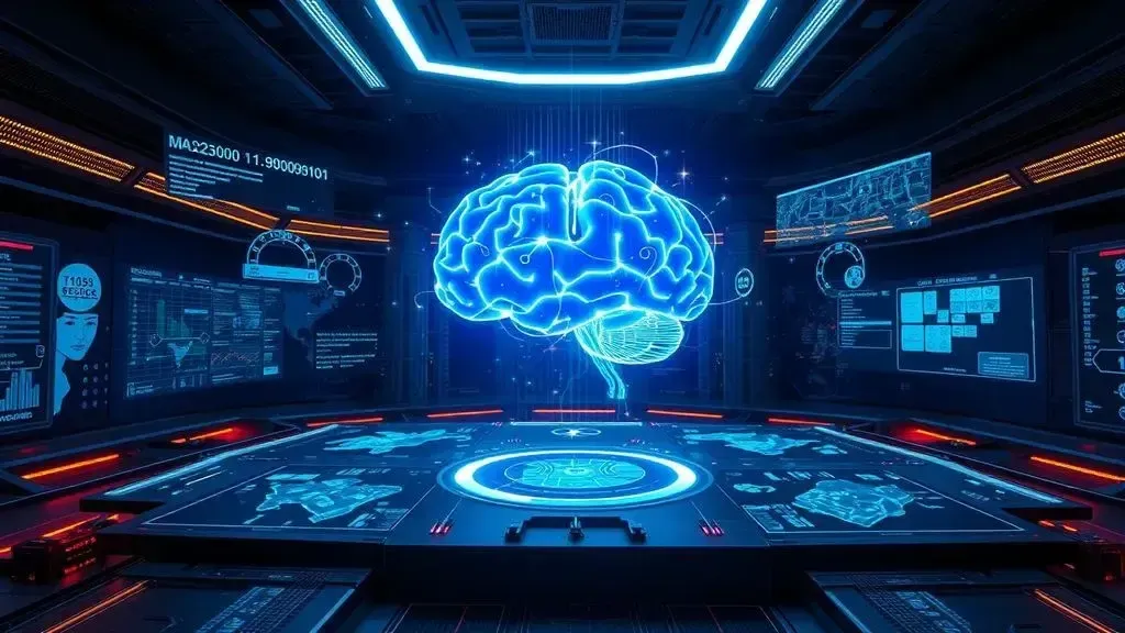 A futuristic and cinematic shot of a glowing blue digital brain structure integrated into a high-tech military command interf