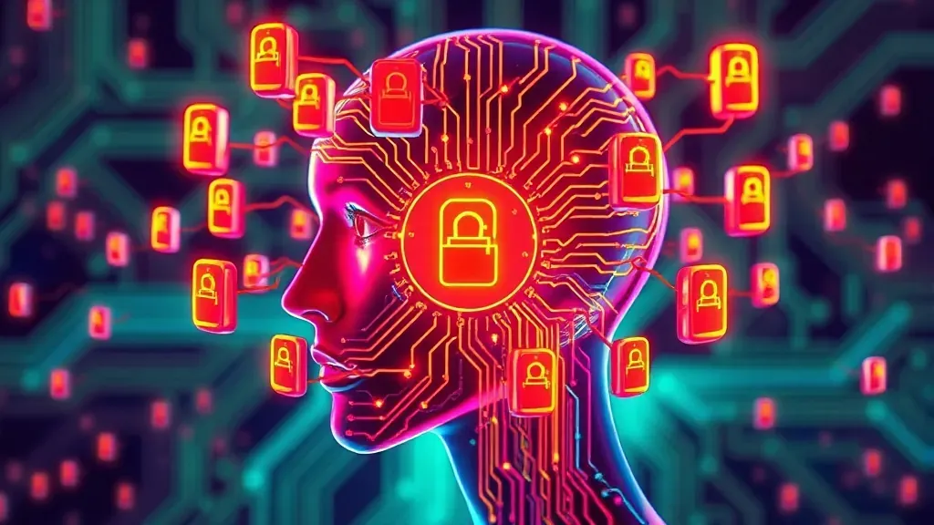 Ilustración digital de una cabeza humana con circuitos brillantes, representando la ilusión de frecuencia y la atención selectiva con iconos flotantes.