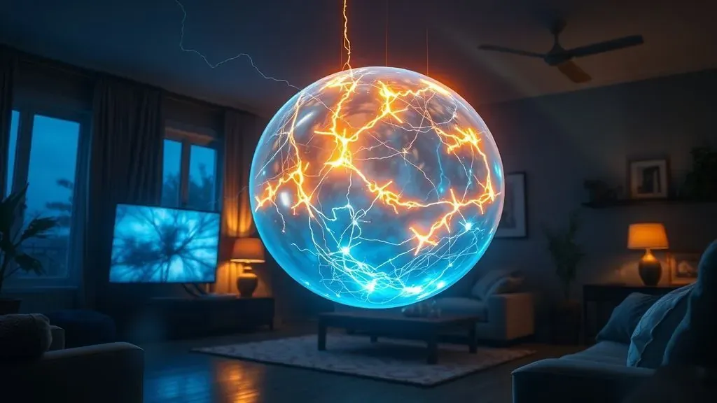 Una esfera de luz brillante y eléctrica flotando en una habitación oscura durante una tormenta, capturando la esencia misteriosa del fenómeno del rayo globular.