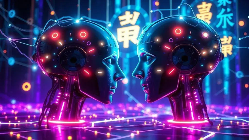 Representación artística de dos inteligencias artificiales comunicándose mediante símbolos holográficos y códigos digitales en un entorno futurista.