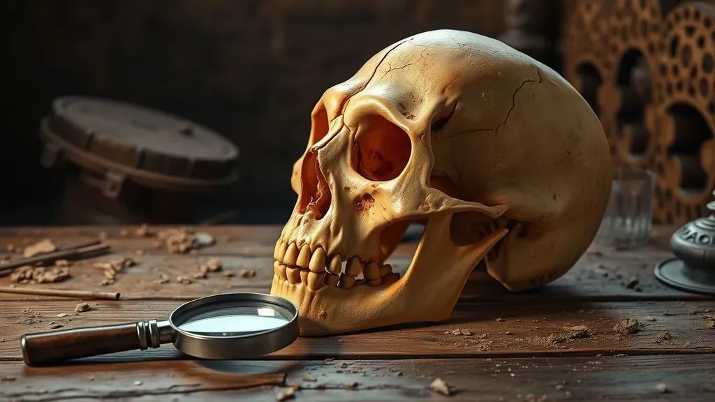 Un cráneo antiguo y polvoriento que combina rasgos humanos y simiescos, descansando sobre una mesa de madera de estilo vintage con una lupa al lado, evocando el fraude arqueológico de Piltdown.
