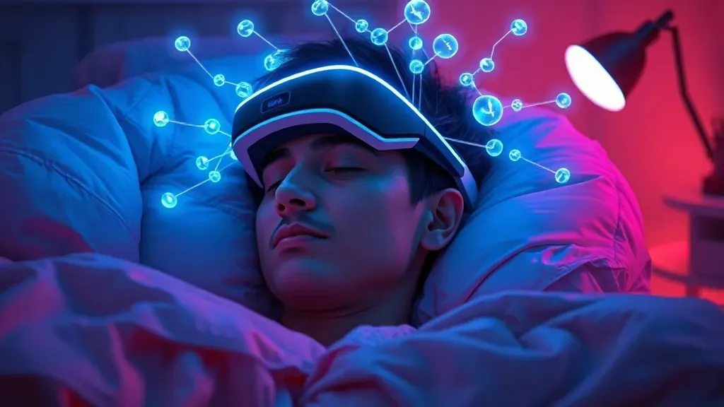 Una persona durmiendo con una diadema tecnológica de aspecto futurista mientras suaves ondas digitales brillantes representan la manipulación de sueños mediante IA.