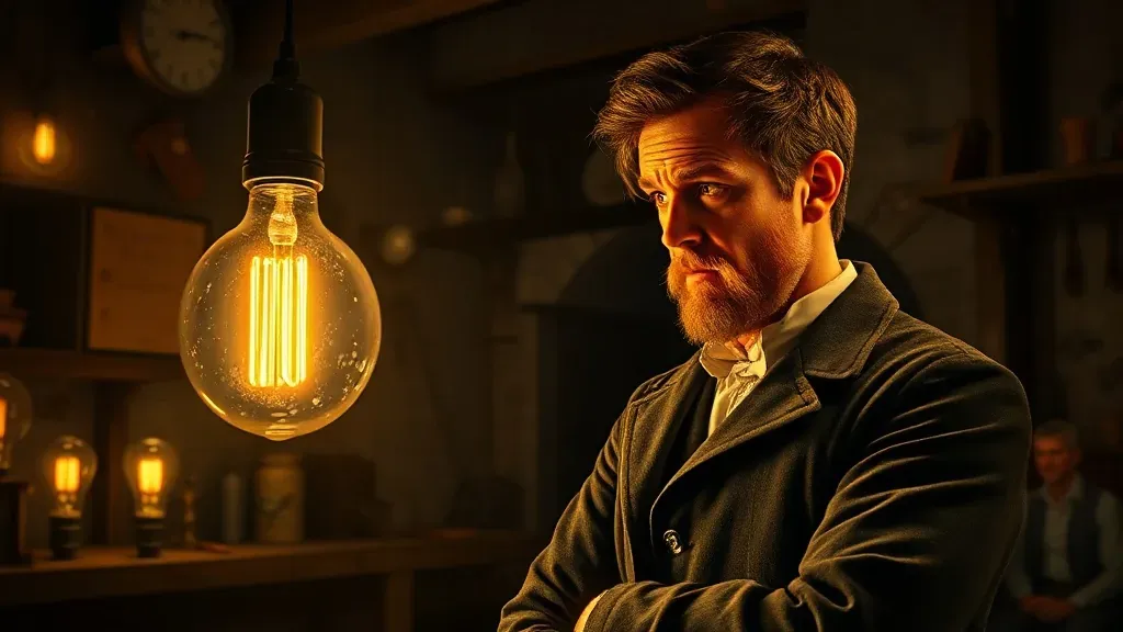 Retrato histórico de Joseph Swan sosteniendo una bombilla antigua en un taller del siglo XIX con iluminación dramática.