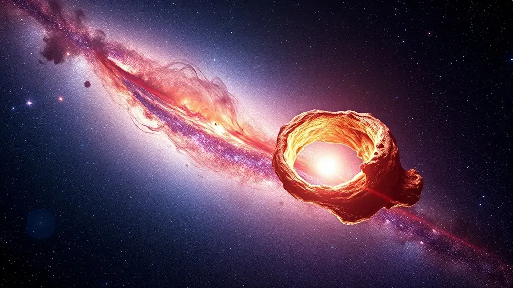 Representación artística de la Vía Láctea siendo arrastrada hacia una anomalía gravitacional brillante en el espacio profundo rodeada de nebulosas.