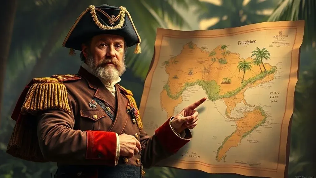 Retrato histórico de estilo decimonónico que muestra a un hombre carismático con uniforme militar señalando un mapa, mientras al fondo se intuye una expedición fallida en una selva tropical.