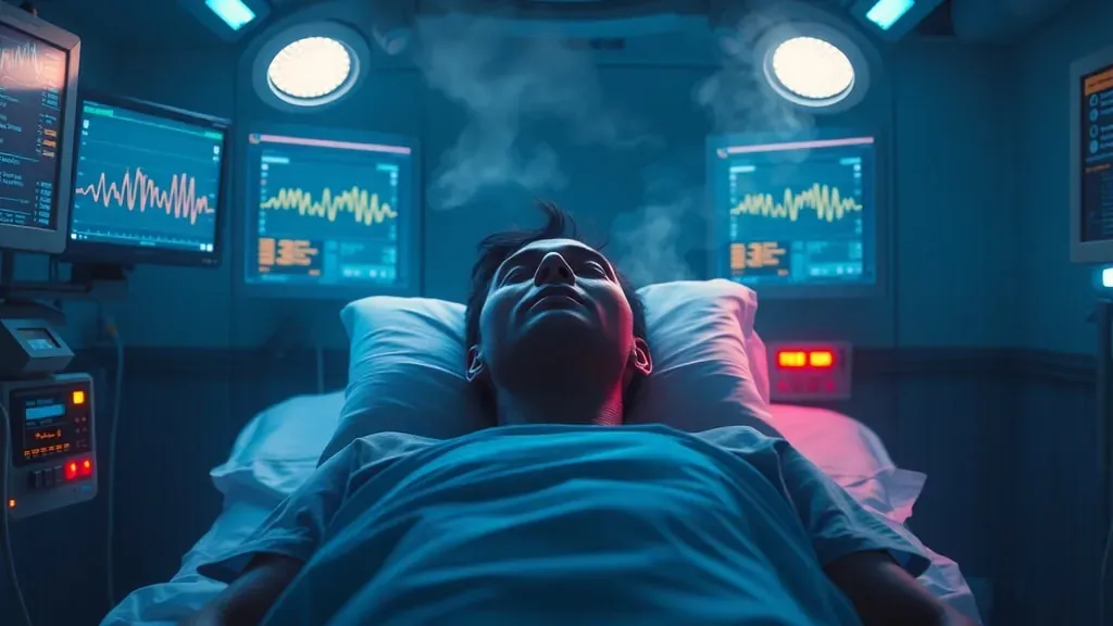 Imagen conceptual de un paciente despertando en una unidad de cuidados intensivos futurista rodeado de luces azules y monitores de constantes vitales.