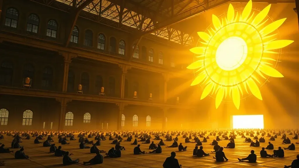 Una instalación artística masiva que representa un sol artificial brillante dentro de un gran edificio industrial, con personas pequeñas descansando en el suelo bajo la luz dorada.