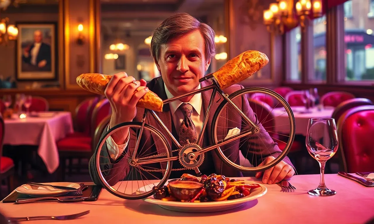 Un hombre con traje retro sentado en una mesa de restaurante elegante, sosteniendo parte de una bicicleta de metal como si fuera comida, rodeado de restos metálicos en su plato.