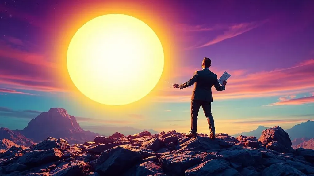 Un hombre con traje sosteniendo el Sol como si fuera un globo en el espacio, ilustración satírica sobre la propiedad del astro rey.