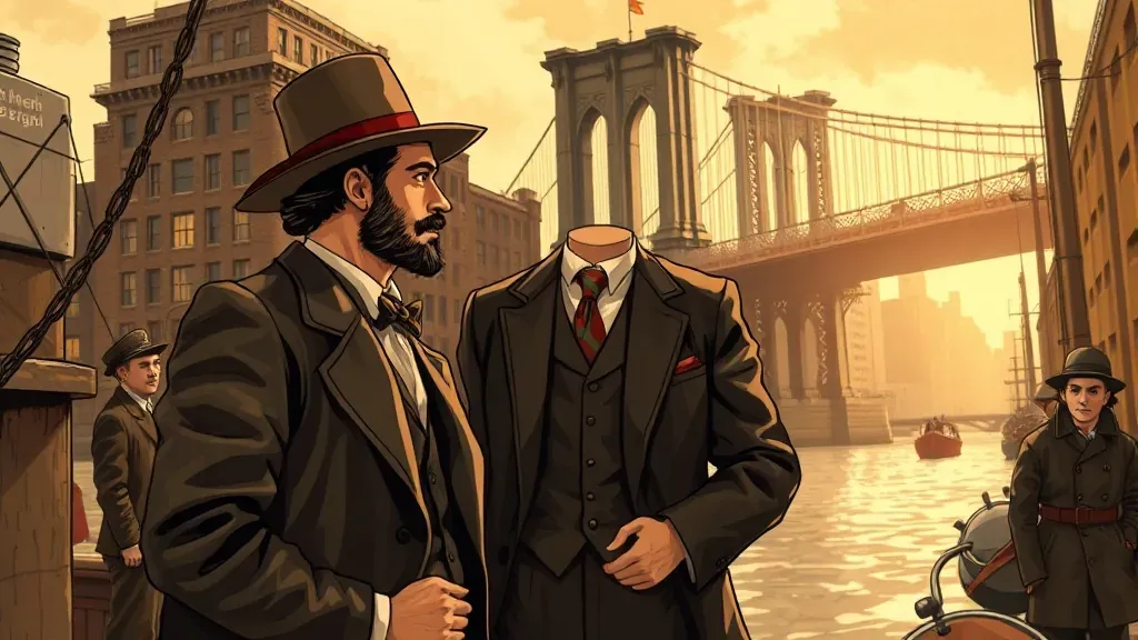 Ilustración vintage de George C. Parker vendiendo el Puente de Brooklyn a un turista en el siglo XIX, con un estilo artístico de época.