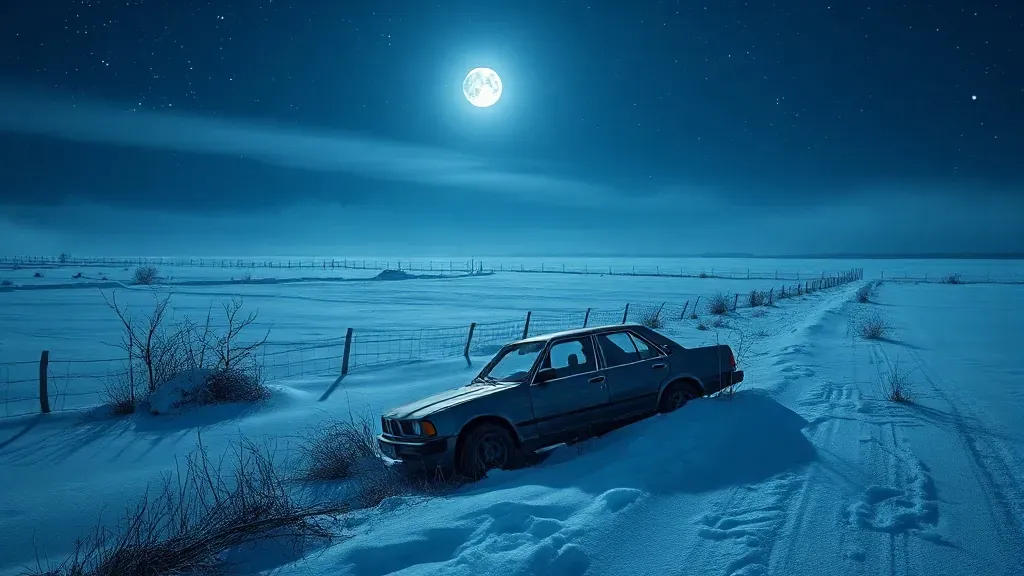 Paisaje invernal nevado con un coche abandonado en una zanja bajo la luz de la luna, representando el caso de supervivencia extrema de Jean Hilliard.