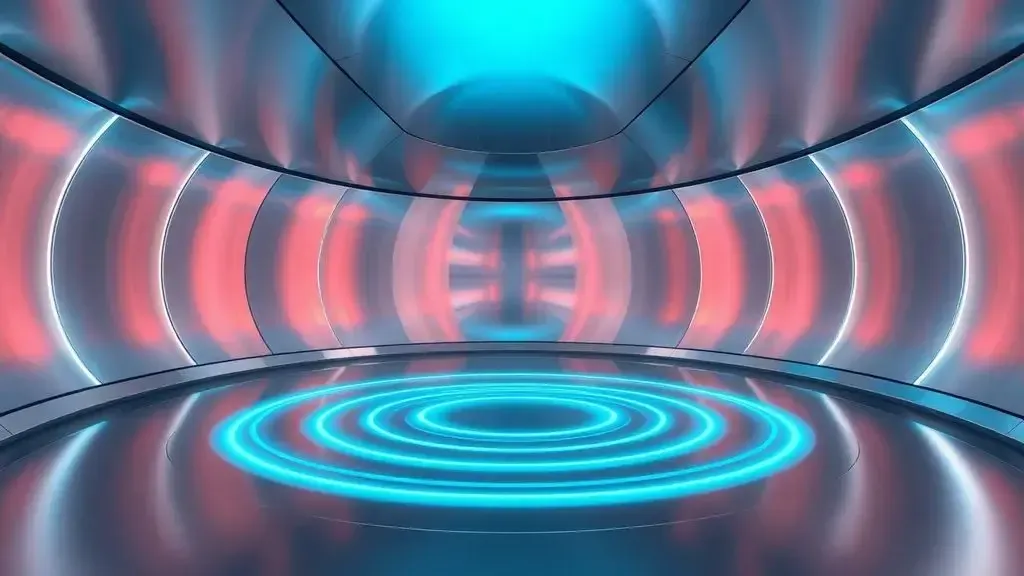A futuristic, surreal architectural interior of a circular chamber with smooth, polished silver walls that reflect light like