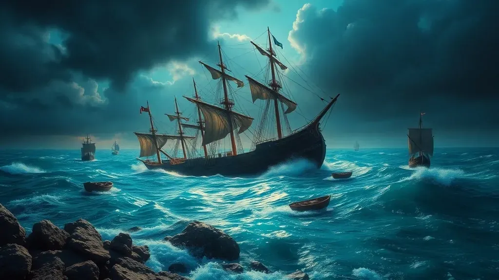 Recreación histórica del naufragio del navío Batavia sobre un arrecife de coral en el siglo XVII durante una tormenta intensa.