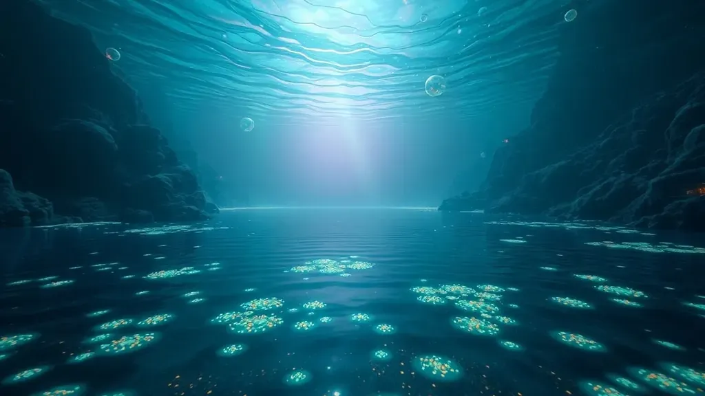 Paisaje surrealista de un lago submarino con una superficie altamente reflectante y brillos bioluminiscentes en las profundidades del océano.