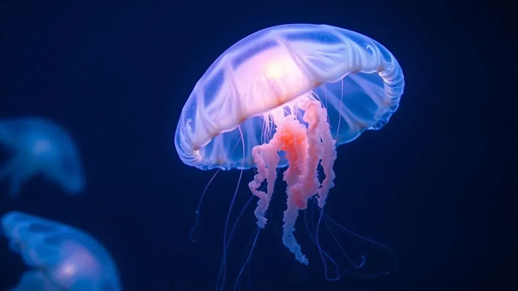 Una medusa Turritopsis dohrnii flotando en aguas profundas y azules, mostrando su cuerpo translúcido y brillante.
