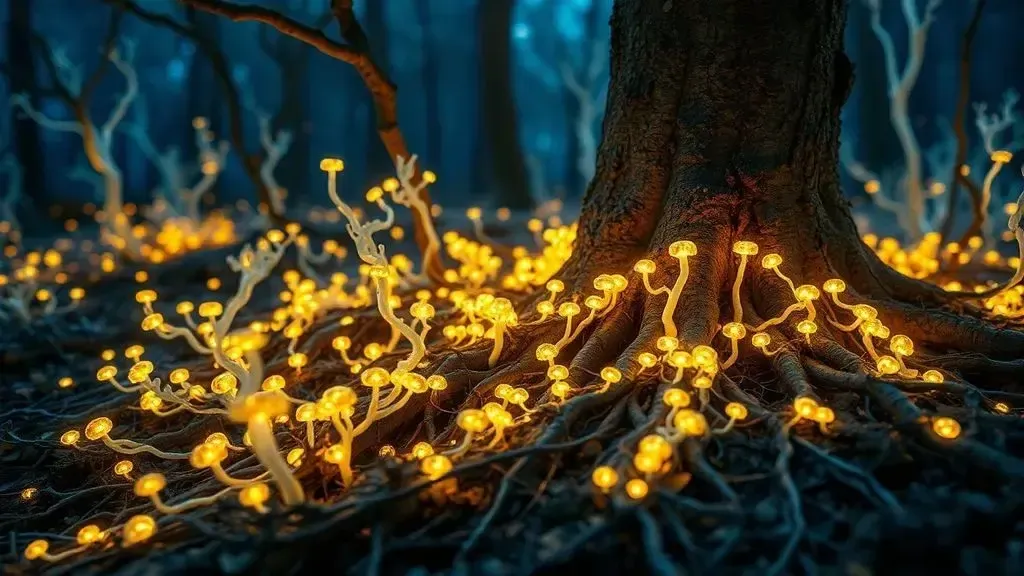 A cinematic, macro, glowing bioluminescent network of white fungal mycelium threads connecting tree roots underground, with s