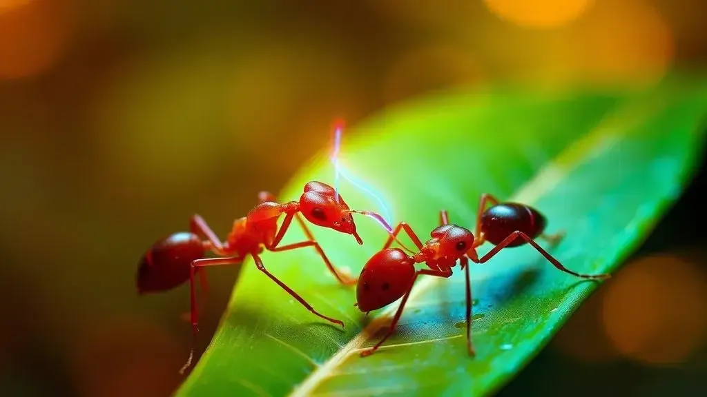A high-detail macro photograph of two ants touching their antennae together on a green leaf, with glowing digital neon lines
