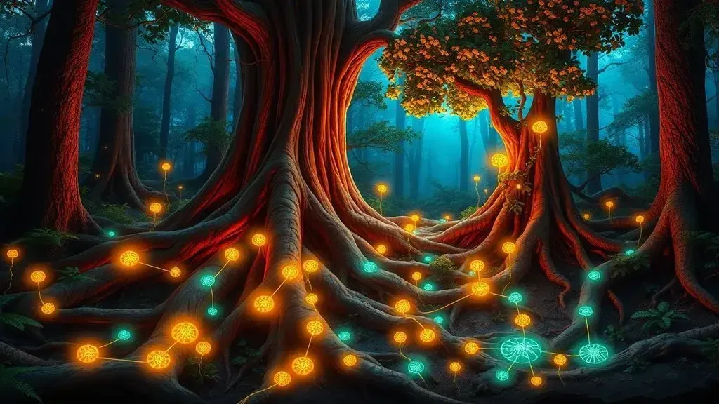A vibrant, magical cross-section of a forest floor showing glowing, interconnected root systems and fungal mycelium networks