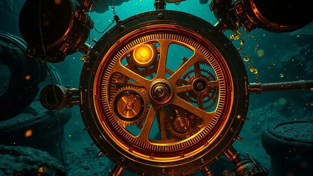 Primer plano cinematográfico del mecanismo de Antikythera sumergido bajo el agua, mostrando engranajes de bronce detallados y corroídos.