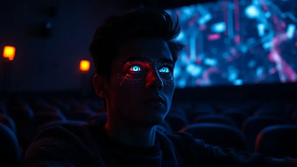 Una persona sentada en un cine oscuro con ojos brillantes reflejando códigos y patrones abstractos, simbolizando la manipulación subliminal.