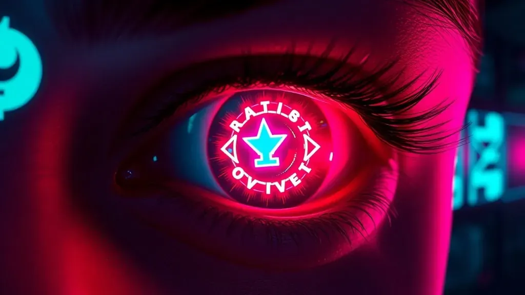 Un ojo humano en primer plano reflejando una tira de película cinematográfica con símbolos misteriosos y luces de neón, representando el control mental a través del cine.