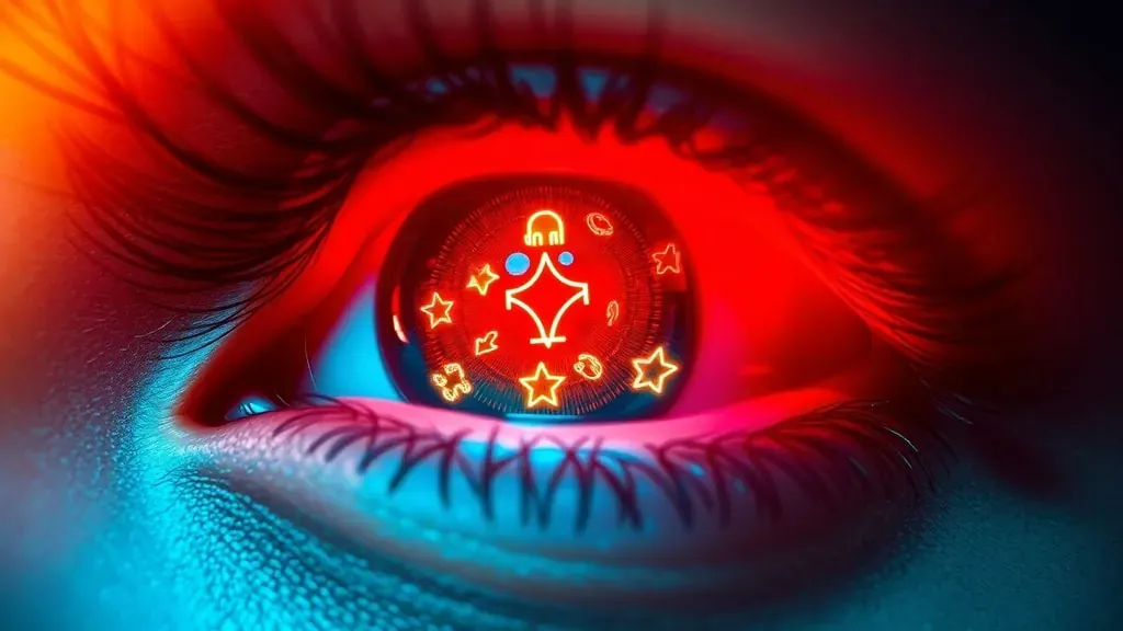 Un ojo humano detallado reflejando una cinta de película con símbolos abstractos brillantes, representando el cine subliminal.