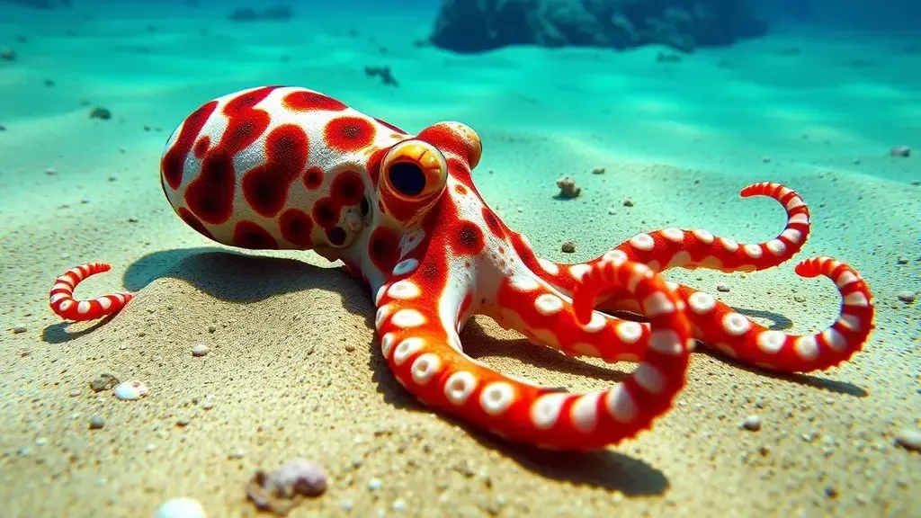 A hyper-realistic, wide-angle shot of a Mimic Octopus (Thaumoctopus mimicus) on a sandy ocean floor. The octopus is partially