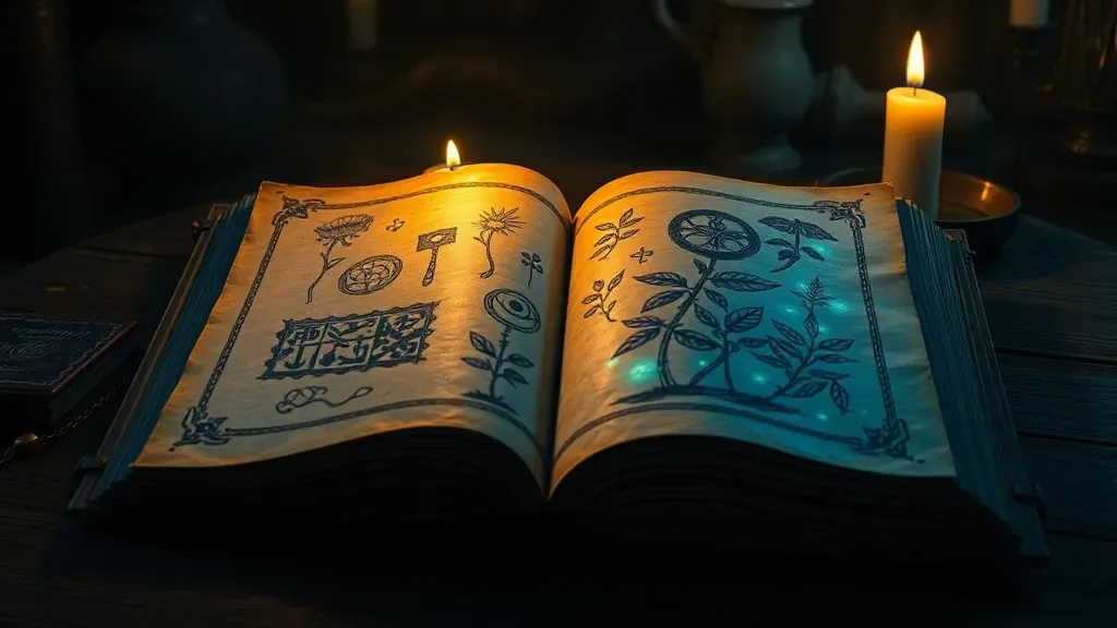 Libro antiguo abierto sobre una mesa de madera con ilustraciones extrañas y símbolos misteriosos bajo luz de velas.