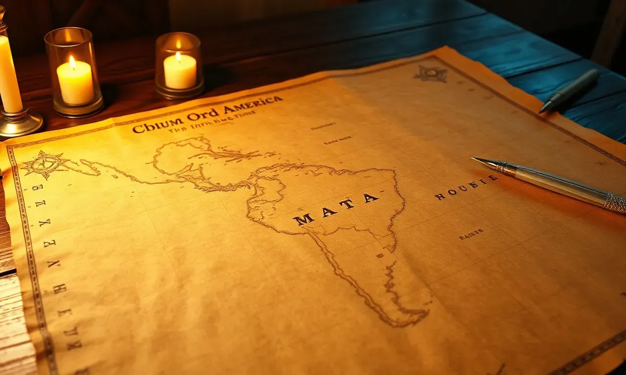 Un antiguo mapa detallado de Piri Reis sobre una mesa de madera antigua con herramientas de navegación, iluminado por una luz cálida y misteriosa.