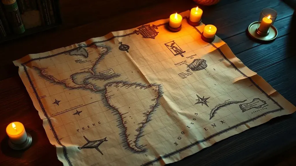 Mapa antiguo de Piri Reis sobre una mesa de madera con luz tenue, mostrando detalles geográficos misteriosos y caligrafía otomana.