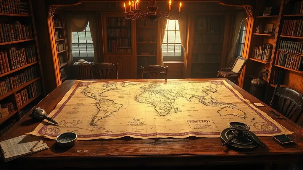 El antiguo mapa de Piri Reis sobre una mesa de madera antigua con herramientas de navegación, evocando misterio histórico.