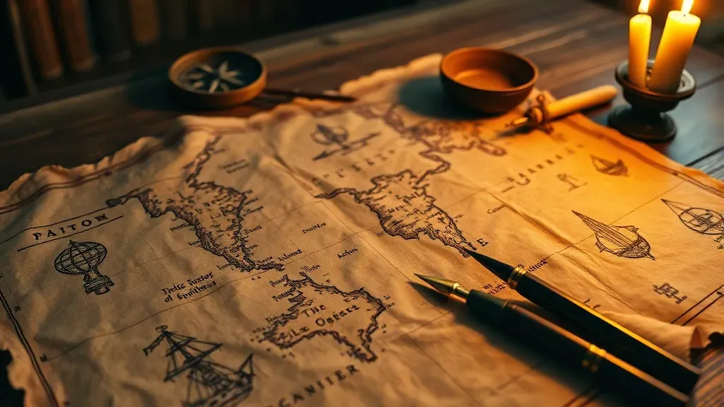 Primer plano de un mapa antiguo de Piri Reis sobre una mesa de madera con luz de vela, mostrando detalles cartográficos históricos y elementos decorativos.