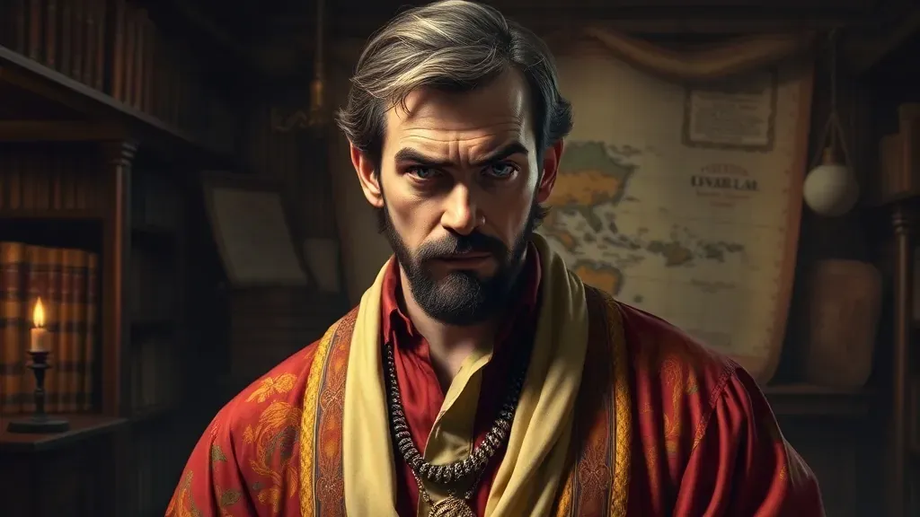 Retrato al estilo del siglo XVIII de un hombre con ropas exóticas y coloridas sosteniendo un libro antiguo, con un mapa de una isla ficticia al fondo, evocando misterio y engaño.