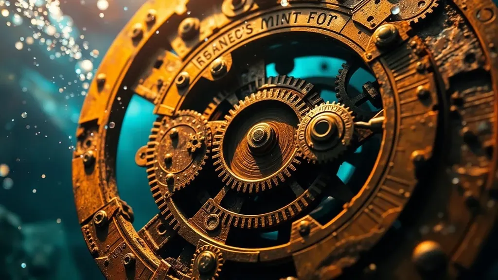 Primer plano del mecanismo de Anticitera con sus engranajes de bronce oxidados bajo el mar, capturando la complejidad de la tecnología antigua.