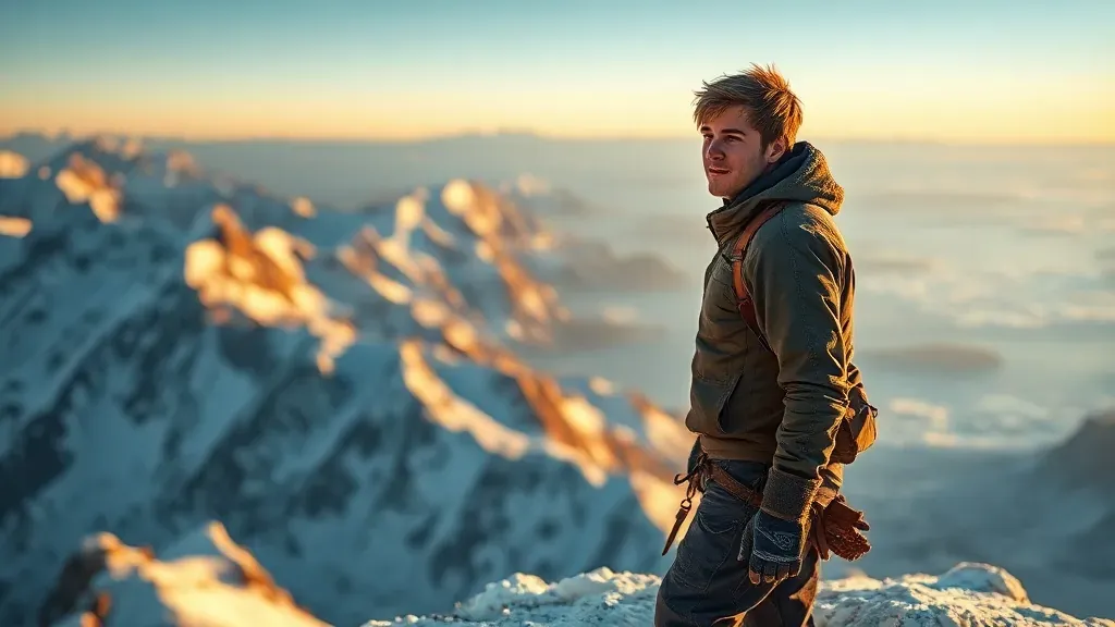 Nando Parrado mirando hacia el horizonte desde una cumbre nevada de los Andes, representando superación y resiliencia.